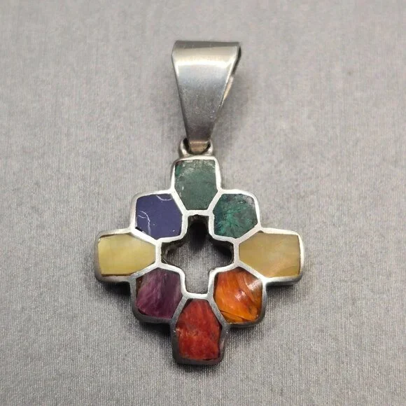 VTG 950 Silver Gemstone Chakana Inca Cross Pendant 1 1/8" Signed DW Rainbow - Picture 1 of 5